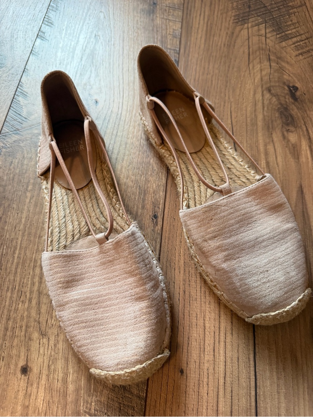 Eileen Fisher Blush Nude Suede Metallic stripe Espadrille Flats 7 strappy ballet